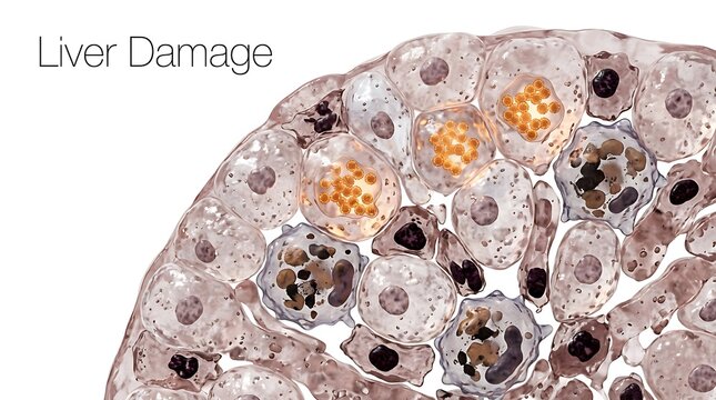 Microscopic view of liver damage and hepatocyte cellular changes with hepatocytes