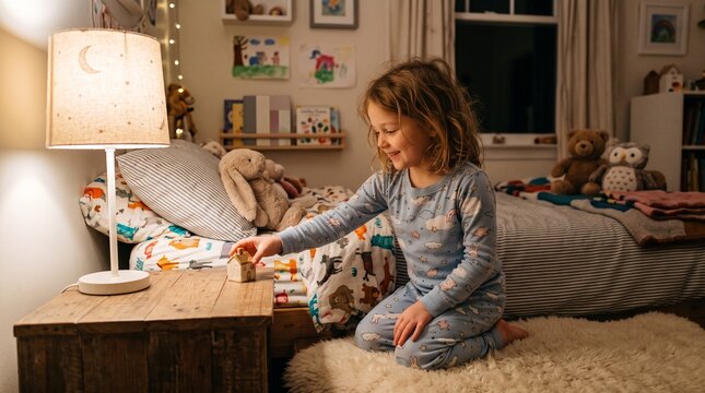 Child placing a lost tooth on a bedside table for the tooth fairy in a cozy bedroom