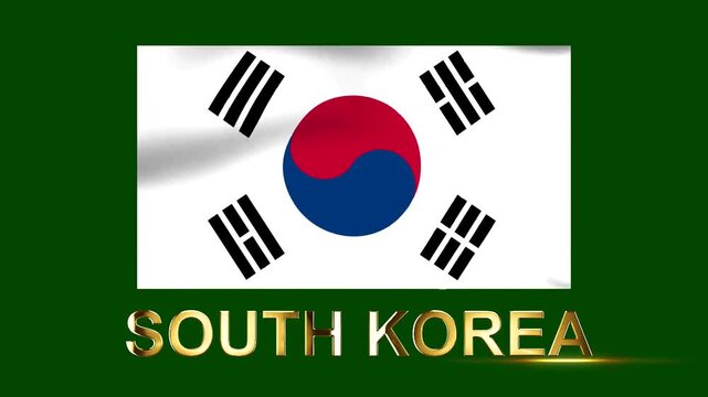 National flag of South Korea featuring the traditional red and blue taegeuk symbol with black trigrams against a deep green background