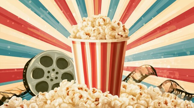 International Popcorn Day vector banner featuring a classic cinema popcorn bucket, film reel elements, colorful striped background, and festive movie-themed decorations.