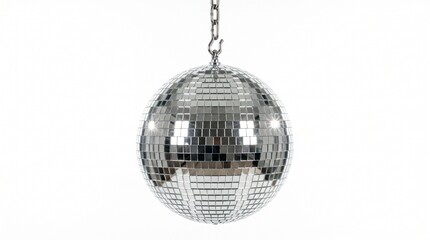 Obraz premium Shiny silver disco ball hanging from metal chain against white background with captures mirrored disco suspended chain entertainment entertaining