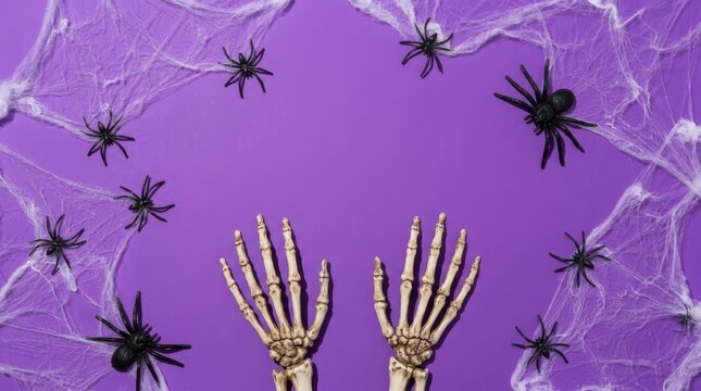 Halloween decorations with spider webs and skeleton hands