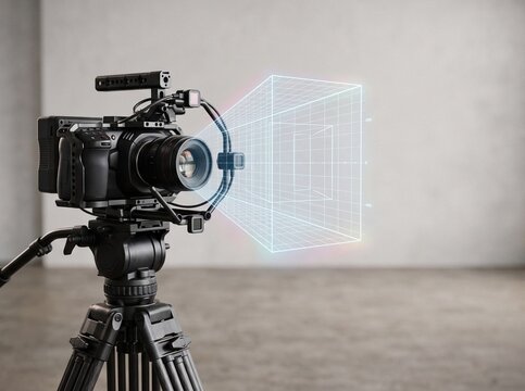 Professional cinema camera on tripod with holographic 3D frustum projection and depth map