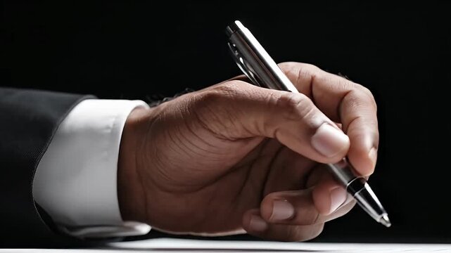 Business hand holding silver pen on desk surface