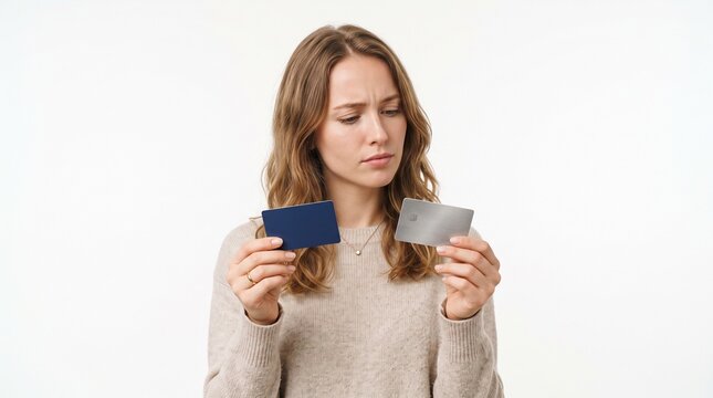 Young woman thoughtfully comparing two credit cards, one blue and one silver, against a white background