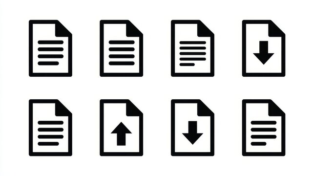 Clean modern vector illustration with multiple icon variations isolated on a white background, representing PDF download, file sharing, document management, digital storage, web interface.