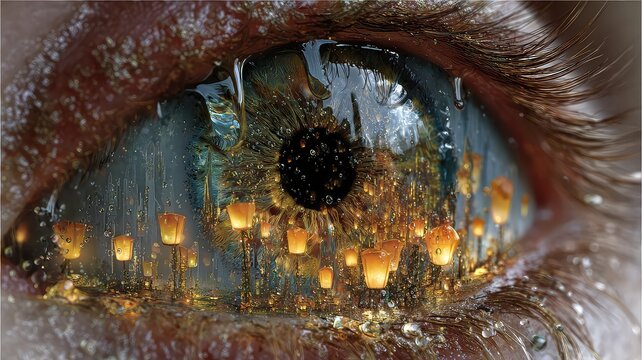 Surreal digital painting of an eye with tears turning