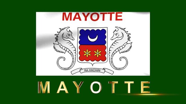 Official flag of Mayotte with its coat of arms and text on a deep green background