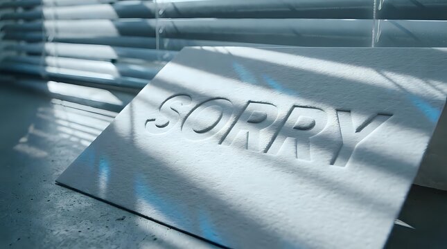 Handwritten sorry message on white paper with shadow cast