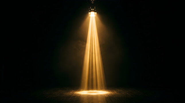 Dramatic warm spotlight beam on dark stage background, bright golden light ray shining from above, theatrical performance lighting effect.