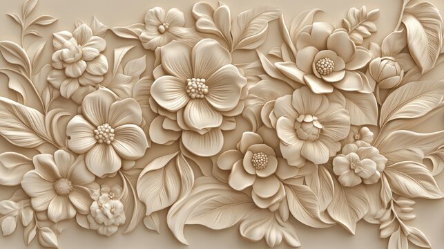 Ornamental flower bas-relief design, decorative wall art, beige background, home decor