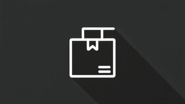 White Outline Icon of a Shipping Box with a Tag and Long Shadow on Dark Grey symbol package