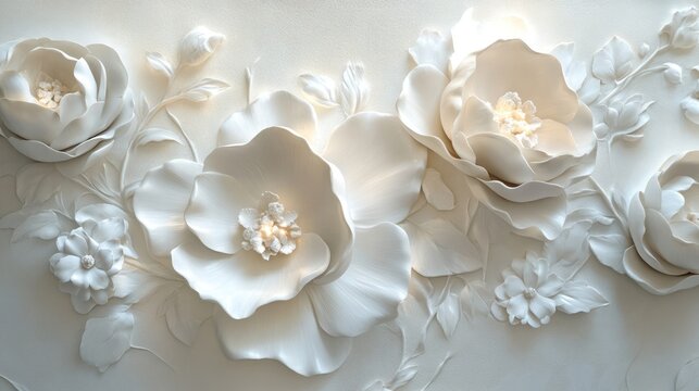 Elegant white floral bas-relief wall art, interior design