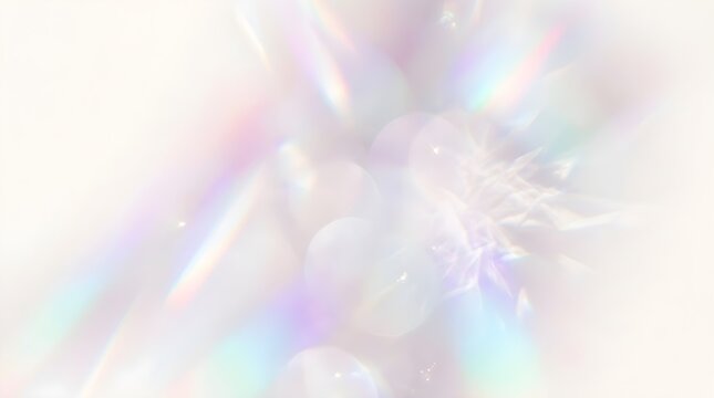 Prismatic crystal light leak background, ethereal rainbow lens flare texture, soft pastel iridescent bokeh overlay for dreamy aesthetic design.