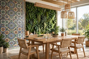 Fototapeta premium Sustainable conference room with moroccan zellige pattern wall and green living wall background, wooden meeting table, luxury eco corporate boardroom