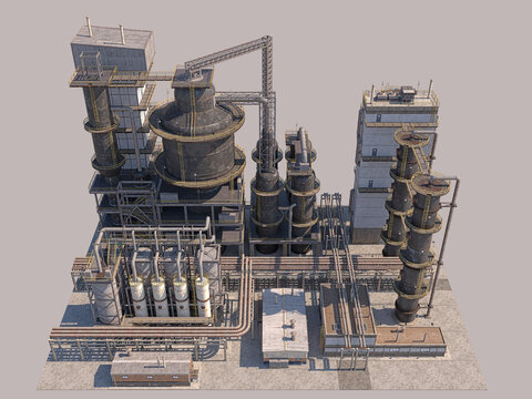 Oil and gas refining plant isolated on white background, industrial facility 3D rendering