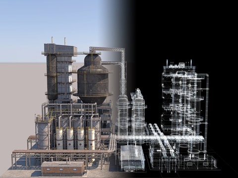 Oil and gas refining plant isolated on white background, industrial facility 3D rendering