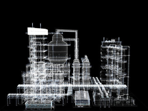 Oil and gas refining plant isolated on white background, industrial facility 3D rendering
