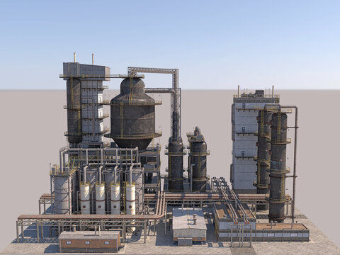 Oil and gas refining plant isolated on white background, industrial facility 3D rendering