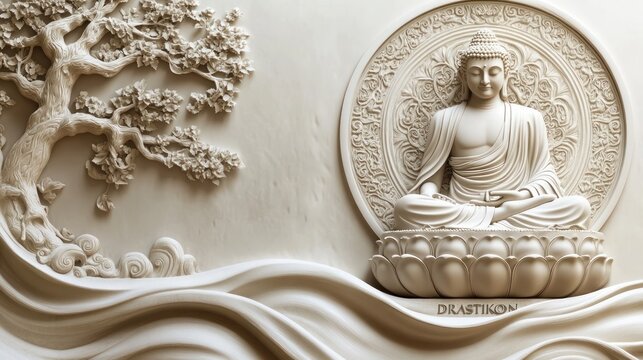 Carved Buddha statue, Asian art, ornate background, wall decor, home decor