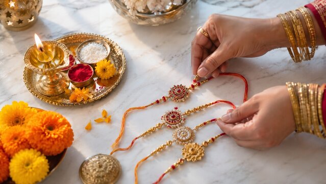 Traditional Rakhi Ceremony with Puja Thali and Flowers