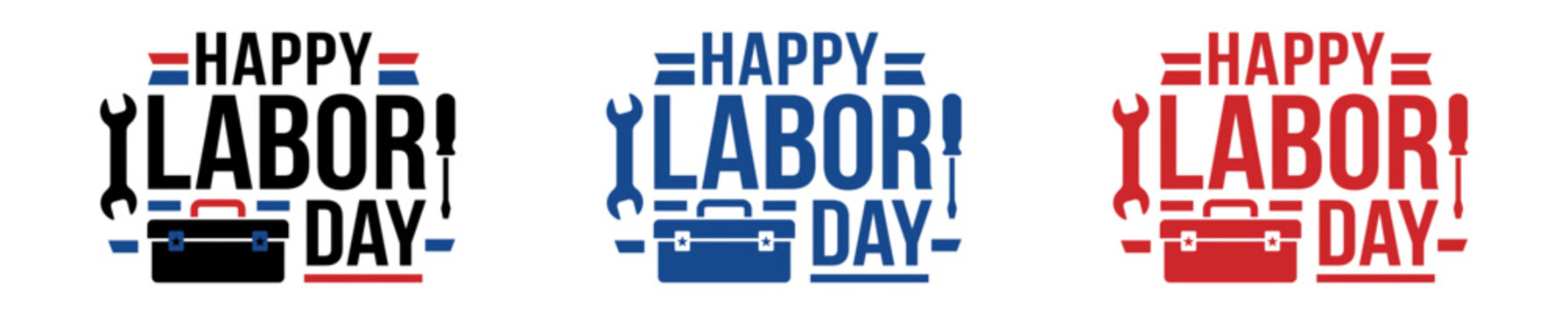 Happy labor day typography with vintage tools and suitcase illustrations in three colors