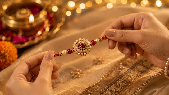 Elegant Rakhi Bracelet Held in Festive Hands