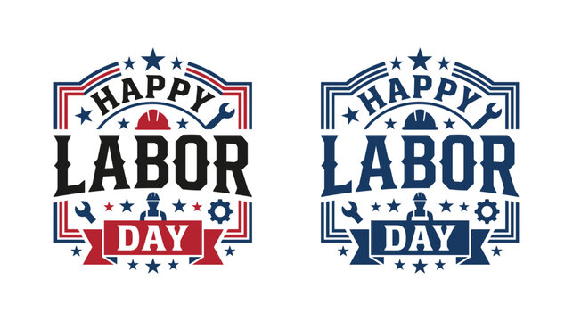 Vintage labor day badges featuring industrial tools patriotic stars and a classic american design illustration
