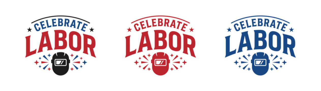 Celebrate labor day emblem with stars and industrial symbol in multiple color variations