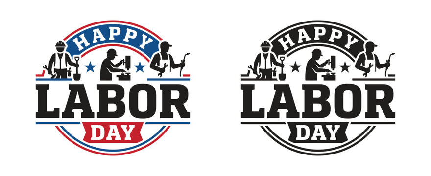 Happy labor day vintage style emblem featuring diverse workers and bright american stars illustration