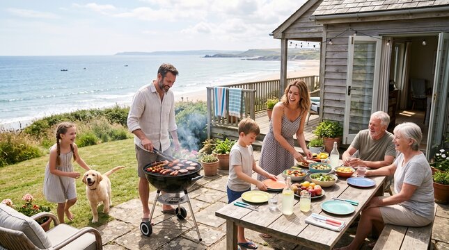 Multi generational family enjoying a summer barbecue by the sea with a golden retriever puppy