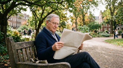 Fototapeta premium Elderly man reading newspaper on park bench in autumn surrounded by trees and buildings