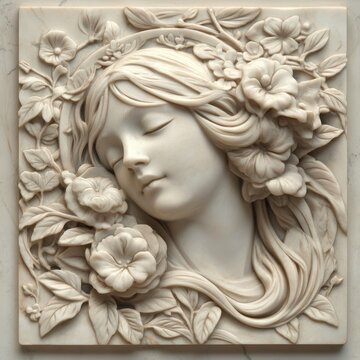 Ornamental bas-relief of sleeping maiden surrounded by flowers