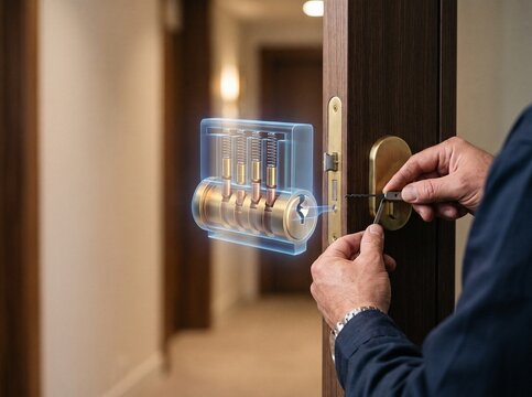 Locksmith using pick tool on door lock with holographic 3D cutaway showing internal pins