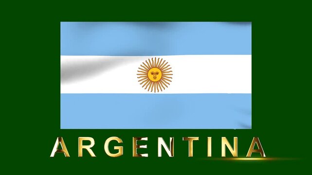 Waving flag of Argentina against a deep green background with gold metal letters reading the country name