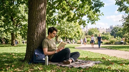Fototapeta premium Young man reading a book under a tree in a park on a sunny day