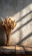 Fototapeta premium Minimal Harvest Composition Featuring A Wheat Bundle On A Rustic Wooden Table With Soft Sunlight