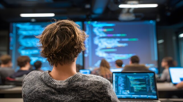 A young programmer writing code in a modern tech classroom. Perfect for computer science and software development.