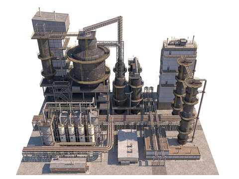 Oil and gas refining plant isolated on white background, industrial facility 3D rendering
