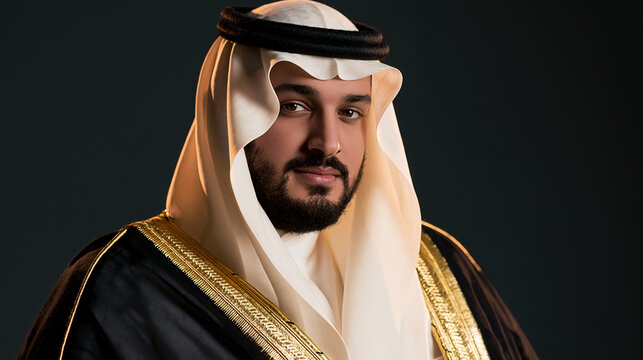 Portrait of Prince Mohammed bin Salman wearing a traditional white thobe and a dark bisht with gold trim against a simple background representing Saudi Arabian leadership