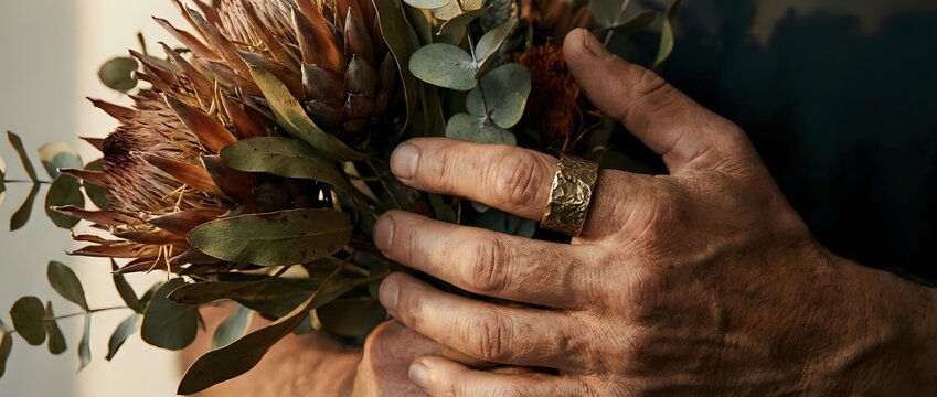 Male hands holding bouquet of dried protea flowers and eucalyptus