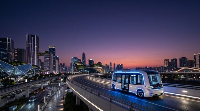 Futuristic autonomous shuttle bus drives on elevated road in modern city at twilight with illuminated skyscrapers
