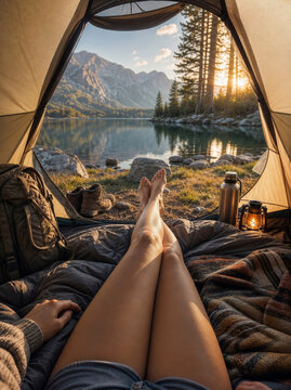 POV from inside a camping tent looking out at a stunning alpine lake surrounded by majestic mountains and evergreen pine forest during sunrise
