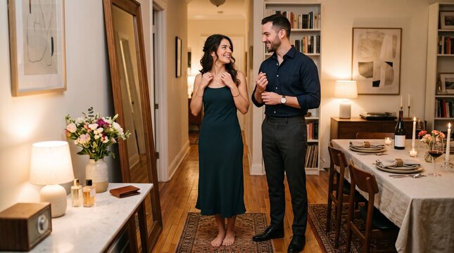 Couple preparing for a romantic dinner date at home, dressed elegantly in a well-decorated dining room