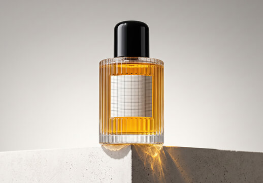 Perfume Bottle Label Mockup on Concrete Stand