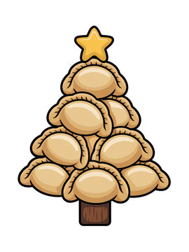 Aa Christmas tree made entirely of dumplings, topped with a bright star and set on a wooden-style base.