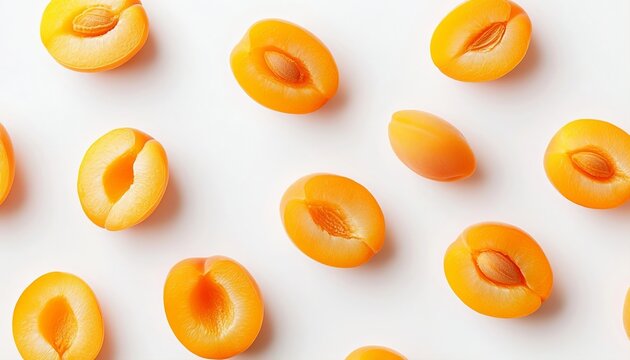 Fresh Halved Apricots Seamless Flatlay Background with Bright Orange Fruit Flesh and Exposed Pits.