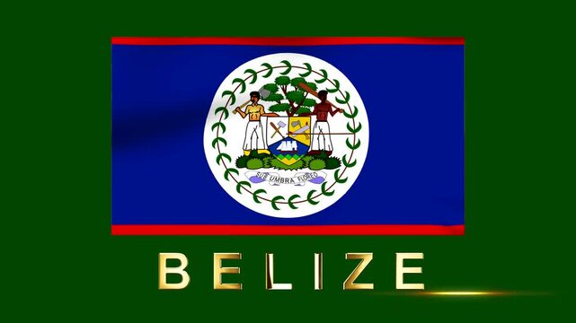 Waving flag of Belize with gold text on a green background