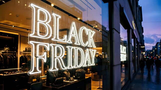 Black Friday neon sign glowing in storefront window at dusk