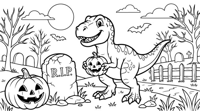 Cute trex dinosaur holding a jackolantern pumpkin in a spooky graveyard for halloween